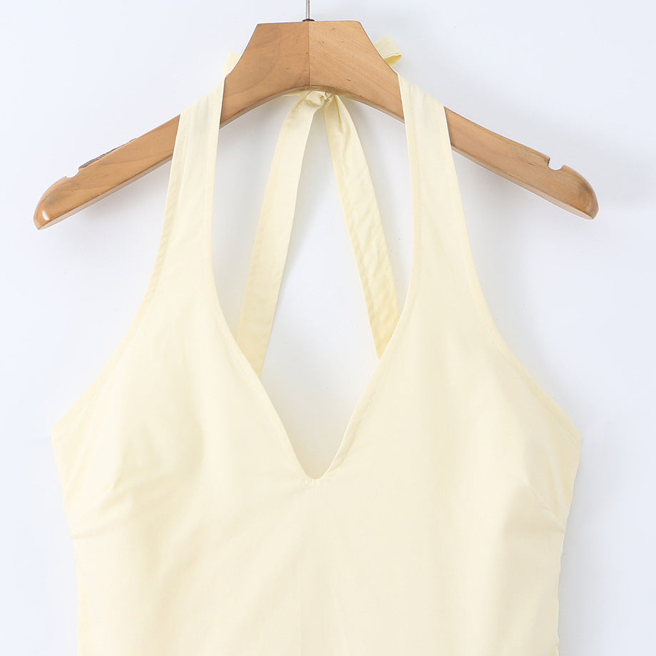 Elegant waist cinching and neck hanging mid length dress