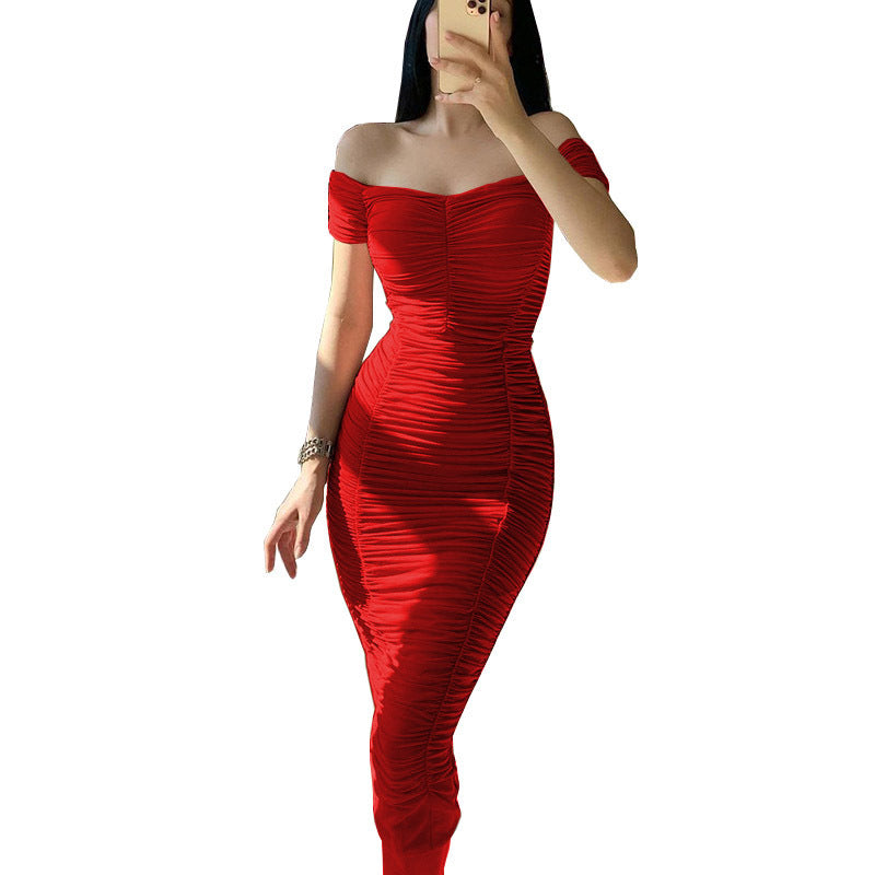 Elegant Pure Color Long Dress with Off-Shoulder Pleated DesignSummer Women's Dress