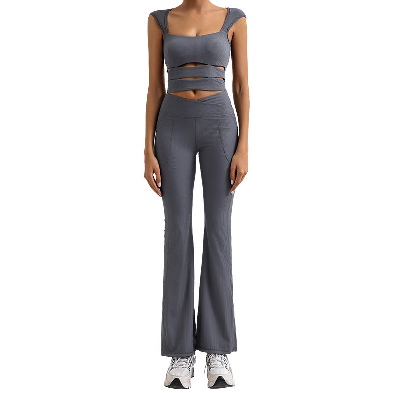 Fashion Stripe Breathable Quick-Dry Yoga Tank Top with Cross V-Waist Flared Pants for Outdoor Sports and Casual Yoga Wear