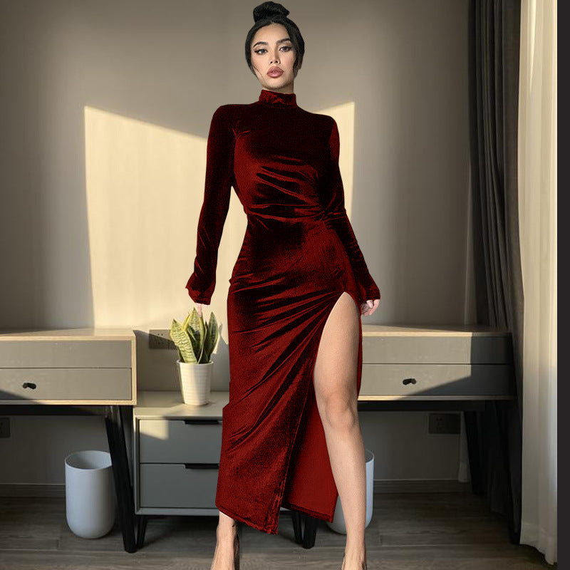 Women's High Neck Long Velvet Dress with Pleats and Slit Fitted SilhouetteAutumn/Winter Fashion