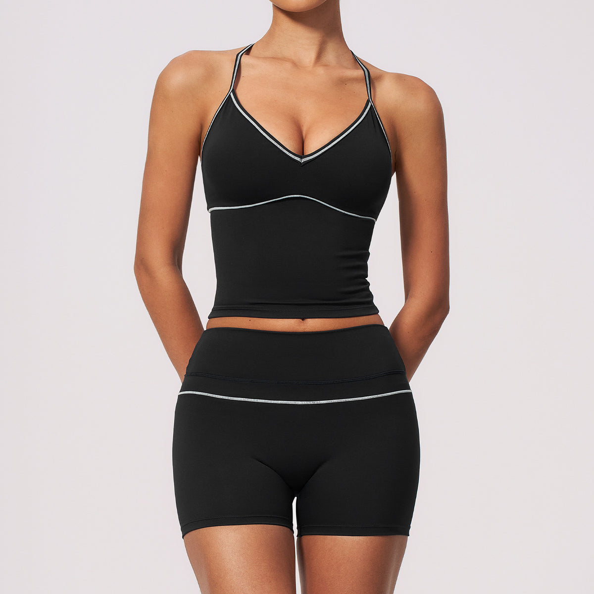 New Fleece Color-Blocking Activewear Set V-Neck Halter Waist-Tightening High-Waisted Outdoor Fitness Yoga Wear for Women