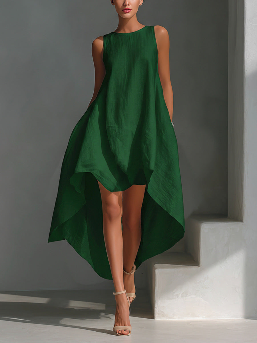 Spring Cotton Linen Irregular Hem Sleeveless Dress for Women Casual Vacation Wear