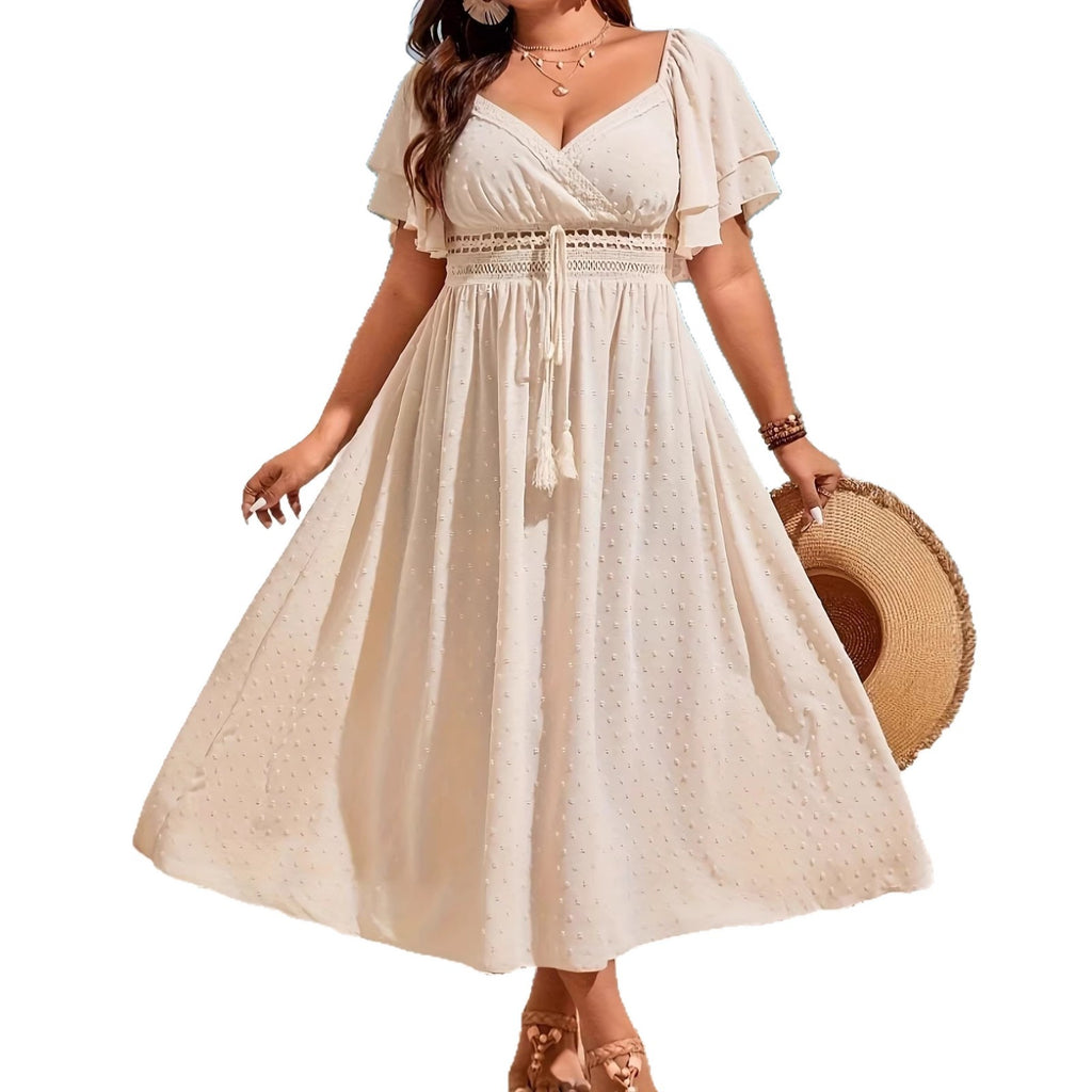 Vacation beach style hollow lace waist-cinching tie women's V-neck plus-size dress