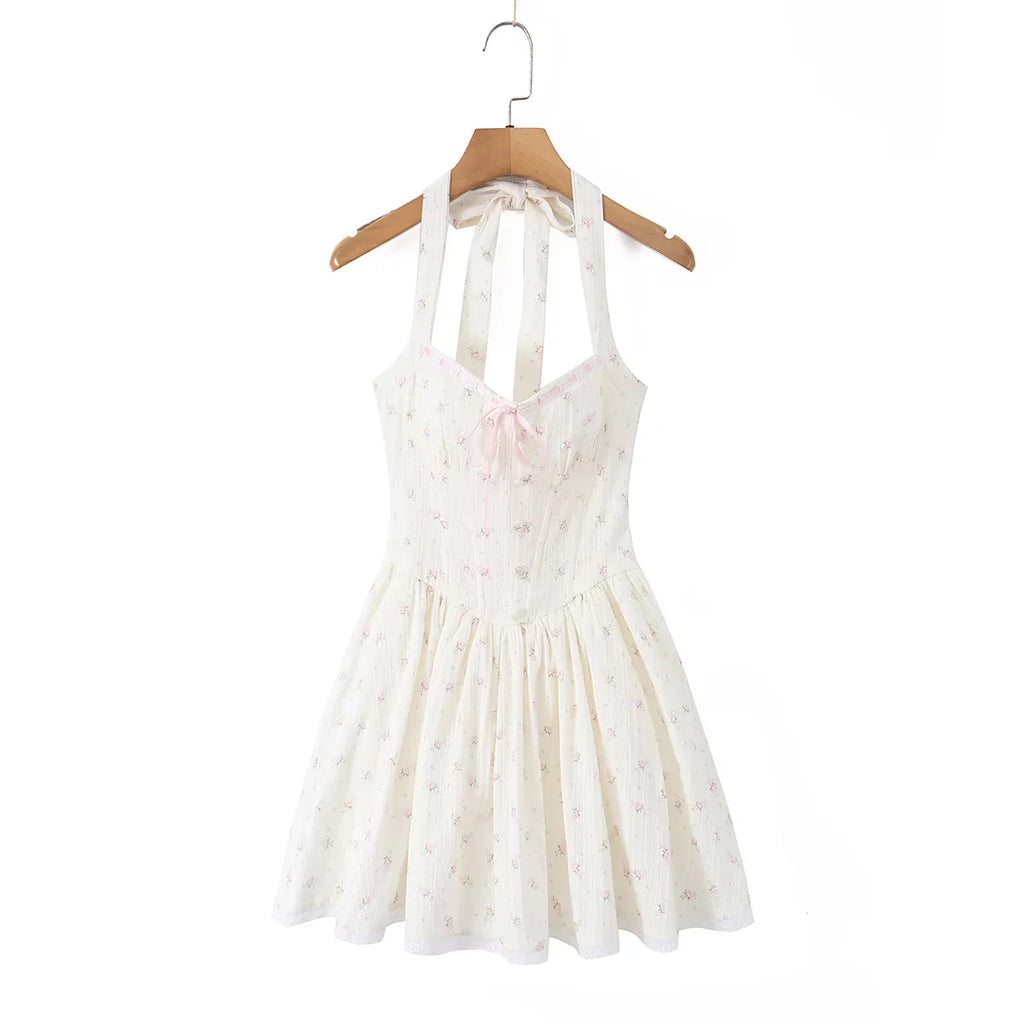 Charming Floral Print Dress for Women Cute Vacation Style Halter Neck Mini A-Line Pleated Skirt