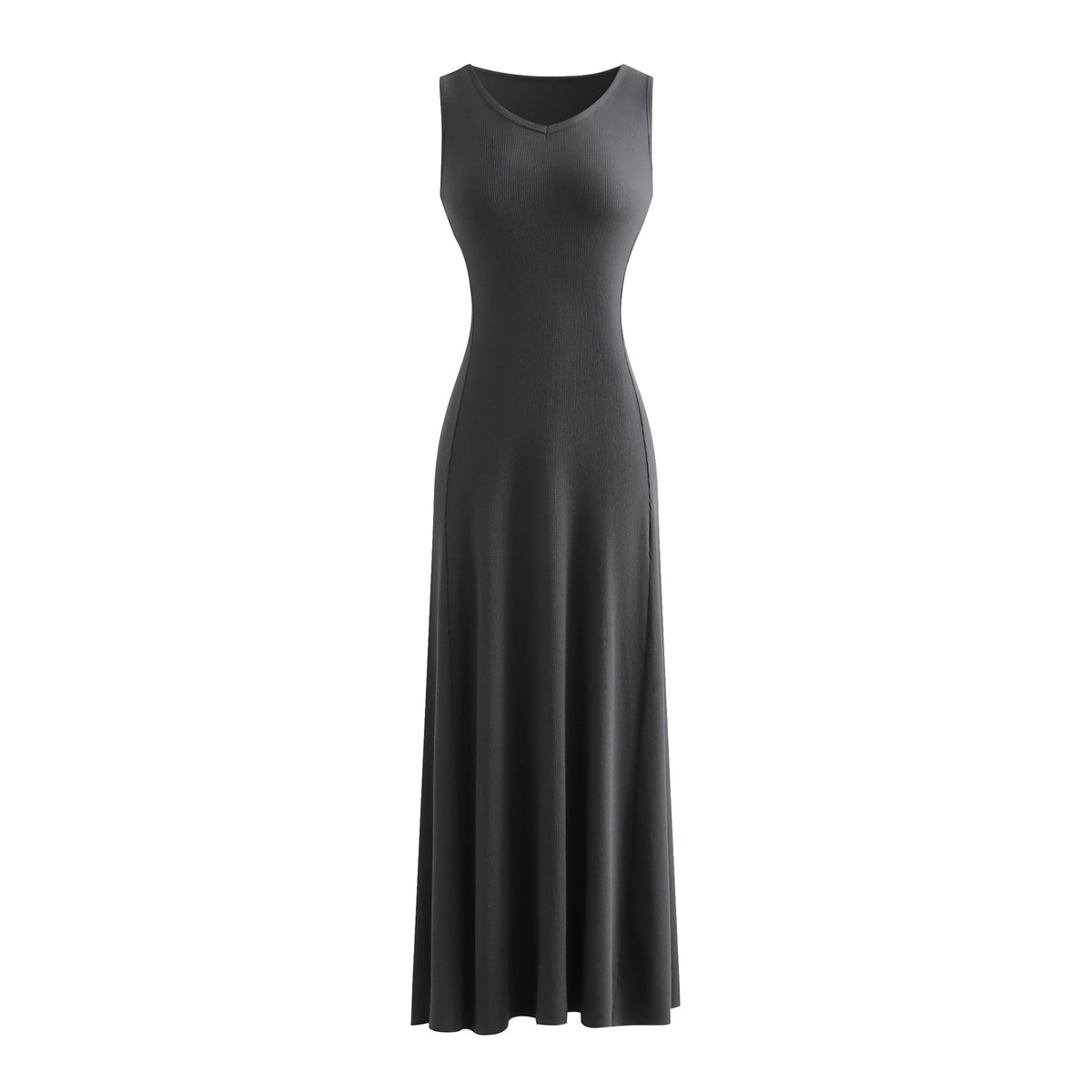 Elegant V-Neck Knitted Fitted Waist Cinched Sleeveless Tea Dress for Women Long Dress