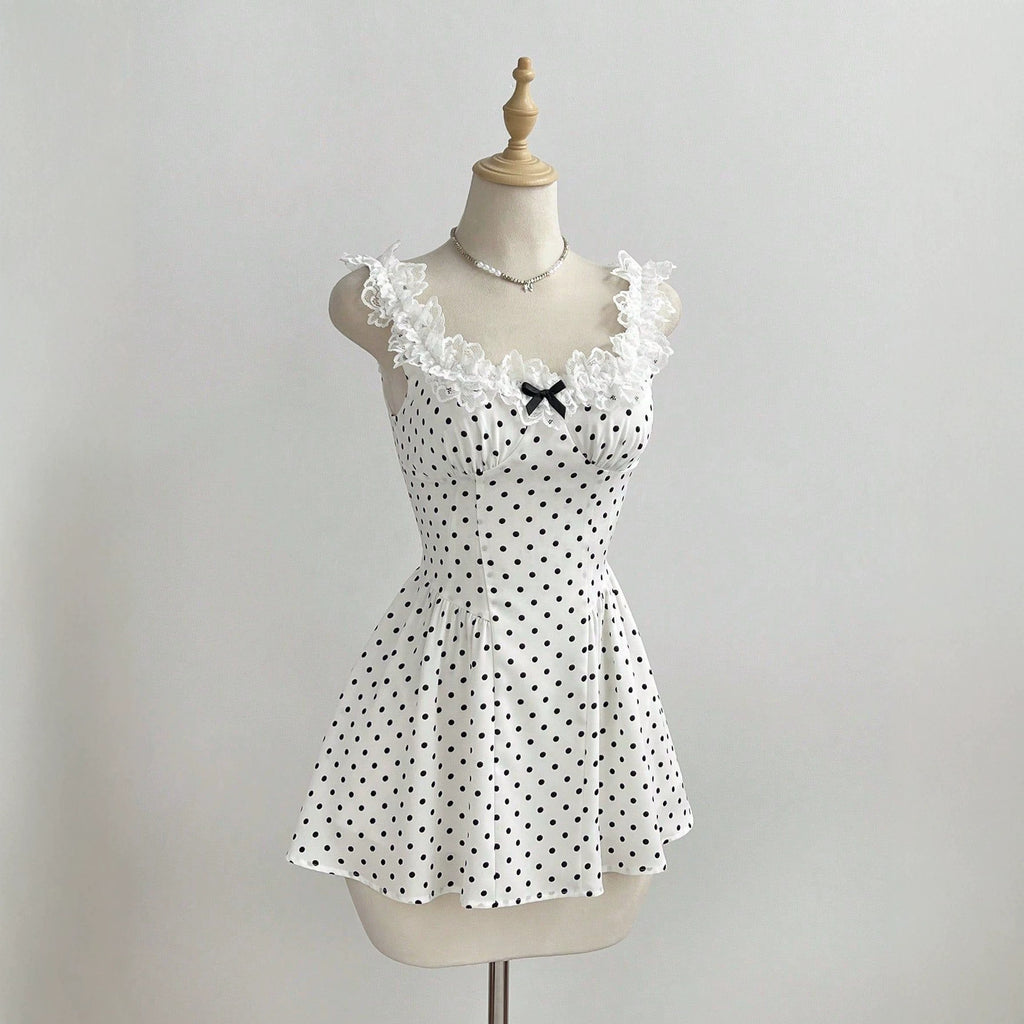 Lace lace bow polka dot A-line dress