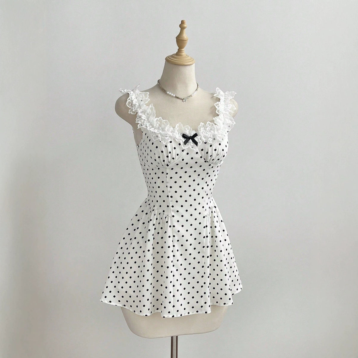 Lace lace bow polka dot A-line dress