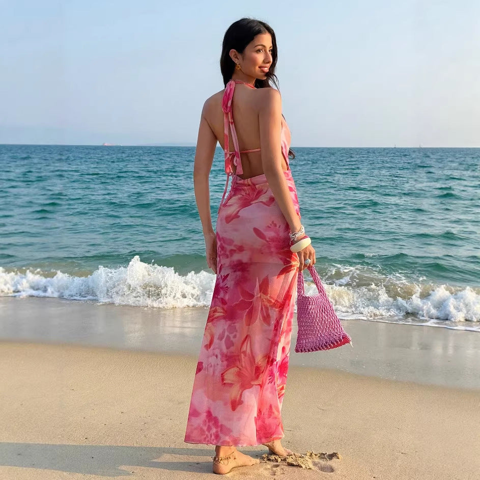Pink Bohemian Metal Flower Embellished Tie-Neck Strapless Dress for Beach Vacation