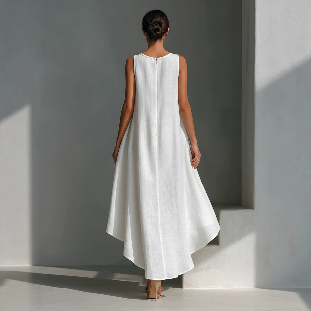 Spring Cotton Linen Irregular Hem Sleeveless Dress for Women Casual Vacation Wear