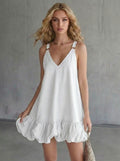 Style Solid Color V-Neck Women's Ruffle Bubble Strap Mini Skirt