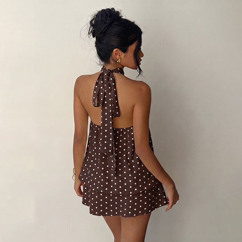 Hanging neck polka dot backless dress