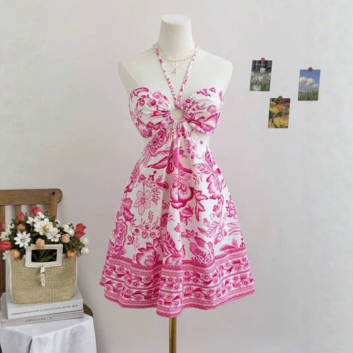 Bohemian Beach Vacation Strapless Crop Top Dress Red Ocean Floral Cut-Out Waist Dress