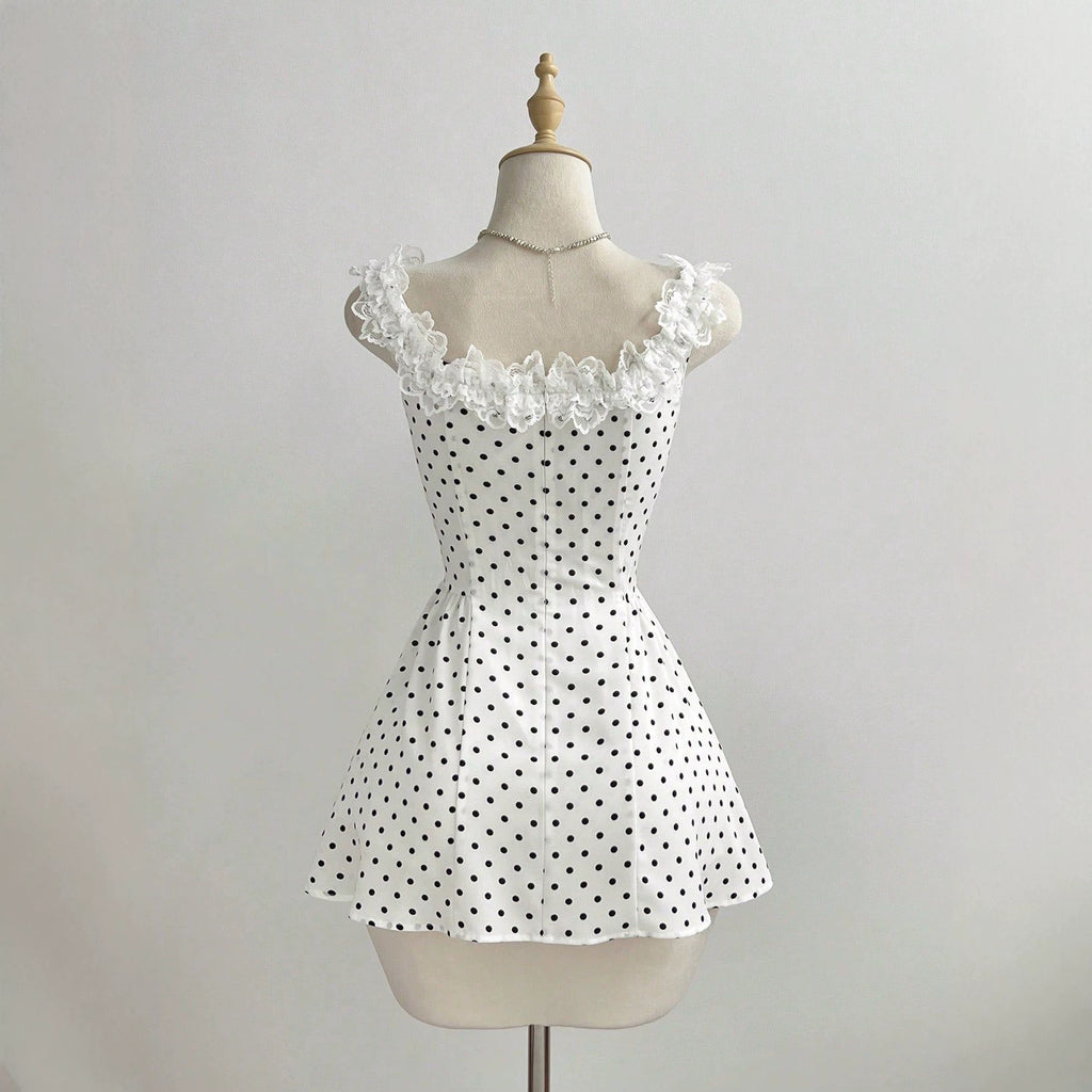 Lace lace bow polka dot A-line dress