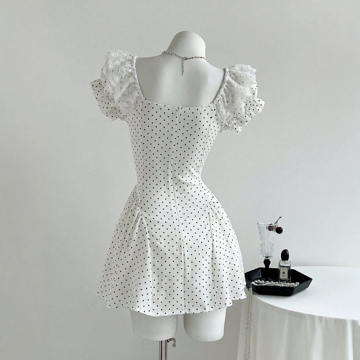 Wave dot bubble sleeve bow dress