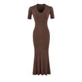 U-Neck Fitted Waist-Cinching Short Sleeve Long Dress for Women, Drapey Elegant Bodycon Mermaid Long Skirt