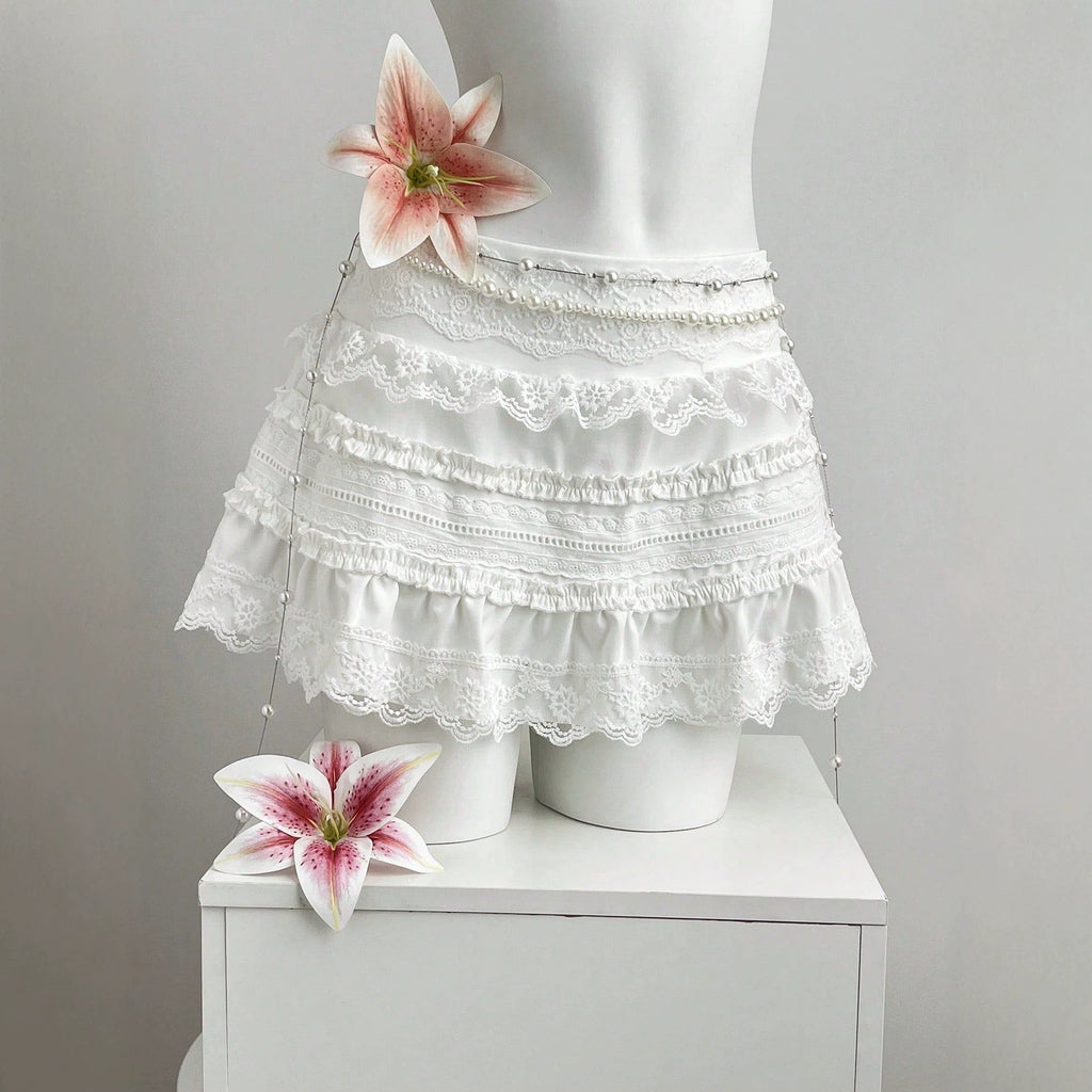 Low waist lace lace and ruffle edge women's short skirt