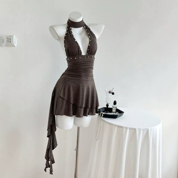 Hanging neck sleeveless nail bead dress