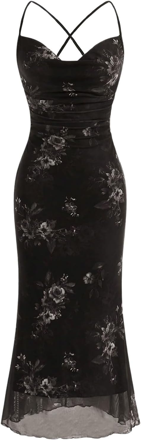 SOLY HUX Women's Floral Mesh Cami Dress Cocktail Wedding Guest Long Dresses