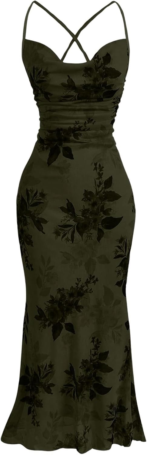 SOLY HUX Women's Floral Mesh Cami Dress Cocktail Wedding Guest Long Dresses