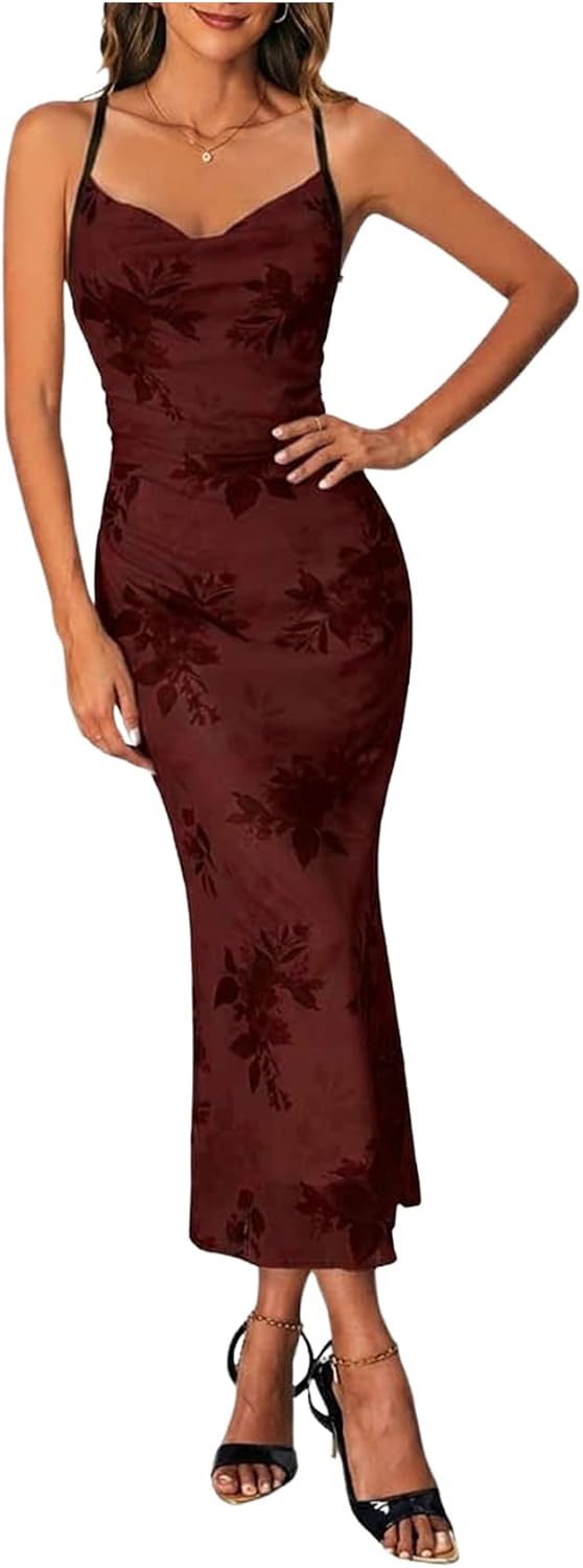 SOLY HUX Women's Floral Mesh Cami Dress Cocktail Wedding Guest Long Dresses