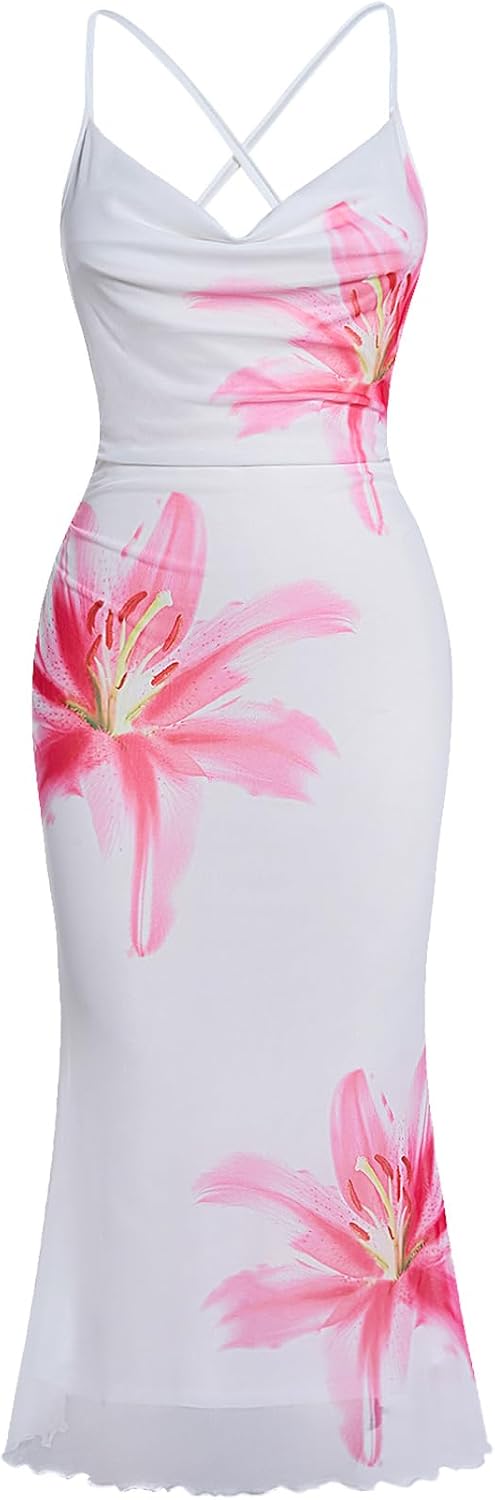 SOLY HUX Women's Floral Mesh Cami Dress Cocktail Wedding Guest Long Dresses