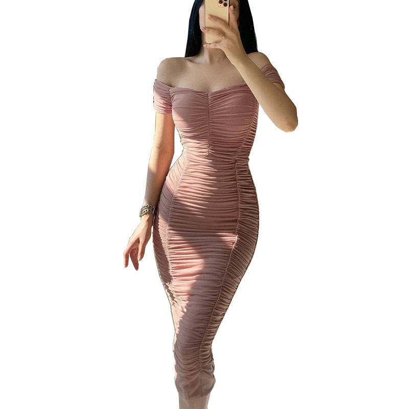 Elegant Pure Color Long Dress with Off-Shoulder Pleated DesignSummer Women's Dress