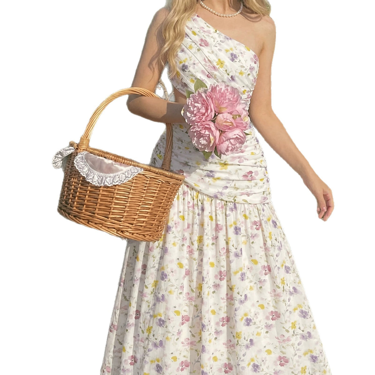 Summer New Elegant Romantic Floral Print Asymmetric Single Shoulder Cut-Out Pleated A-Line Long Dress