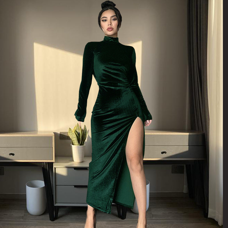 Women's High Neck Long Velvet Dress with Pleats and Slit Fitted SilhouetteAutumn/Winter Fashion