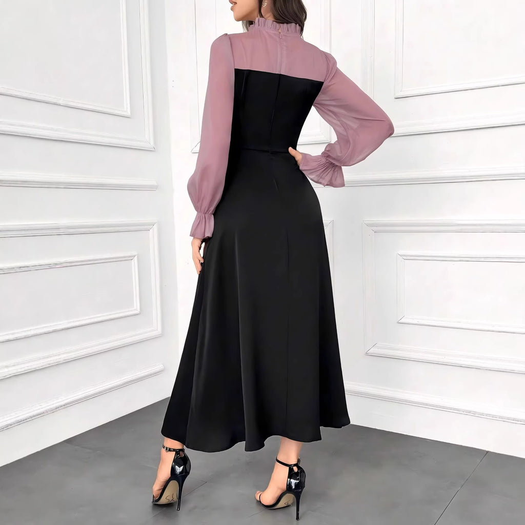 Spliced Dress for Women, Elegant Fitted Waist Slim Black Long Dress, Spring Fashion Style