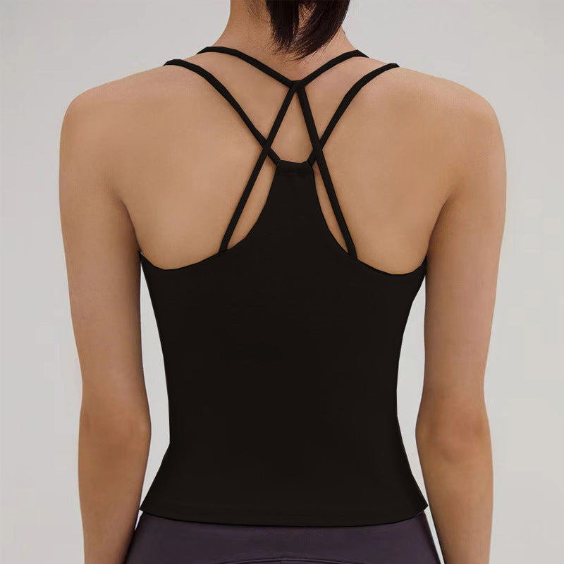 New Yoga Back-Enhancing Sports Fitness Tank Top for Women with Built-in PadsShockproof, Thin Straps, Crossed Strap Top