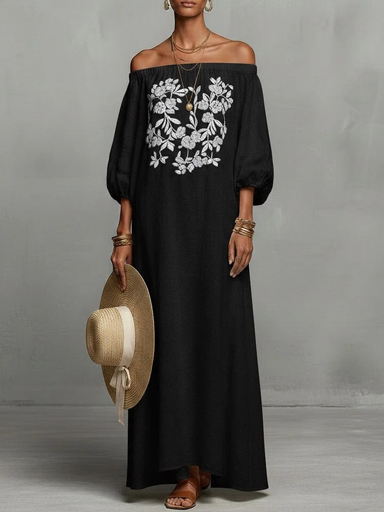 Elegant Floral Off-Shoulder Long Dress for Vacation, Casual Maxi Dress