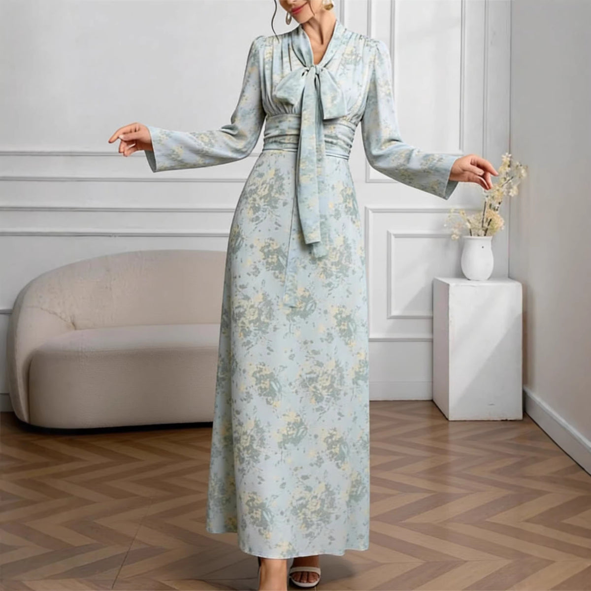 Elegant Floral Long Sleeve Maxi Dress with Tie Waist for Women
