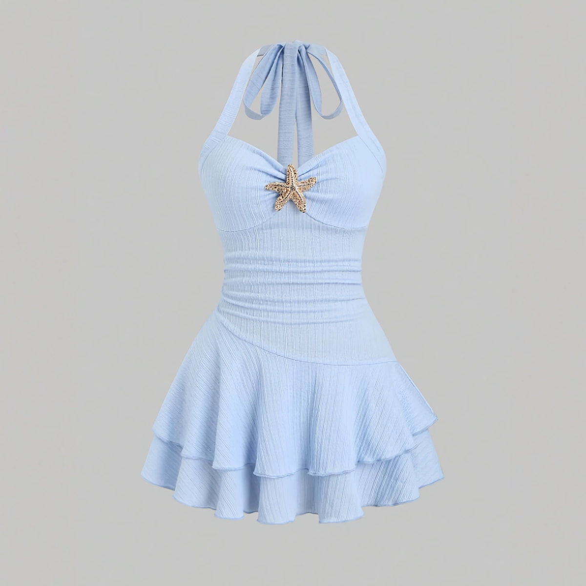 Halter neck slip dress with starfish decoration, pleated, waist-cinching short skirt