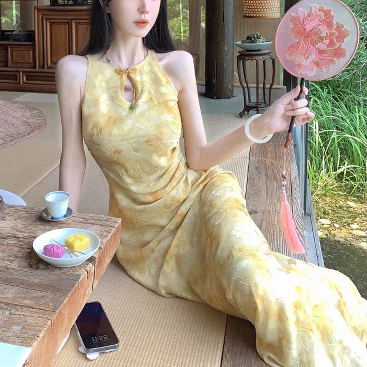 Cut-Out Shoulder Improved Cheongsam Mid-Length Dress