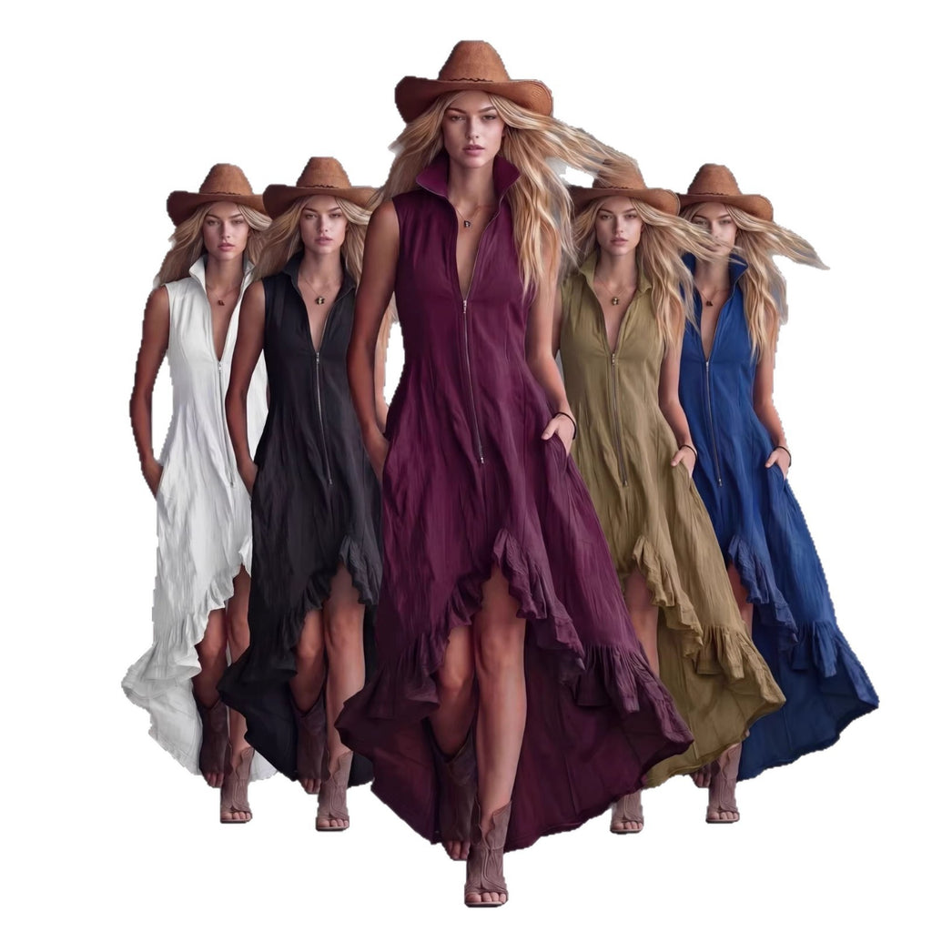 Vintage Casual Turn-Down Collar Front Zipper Ruffle Hem Dress for Women