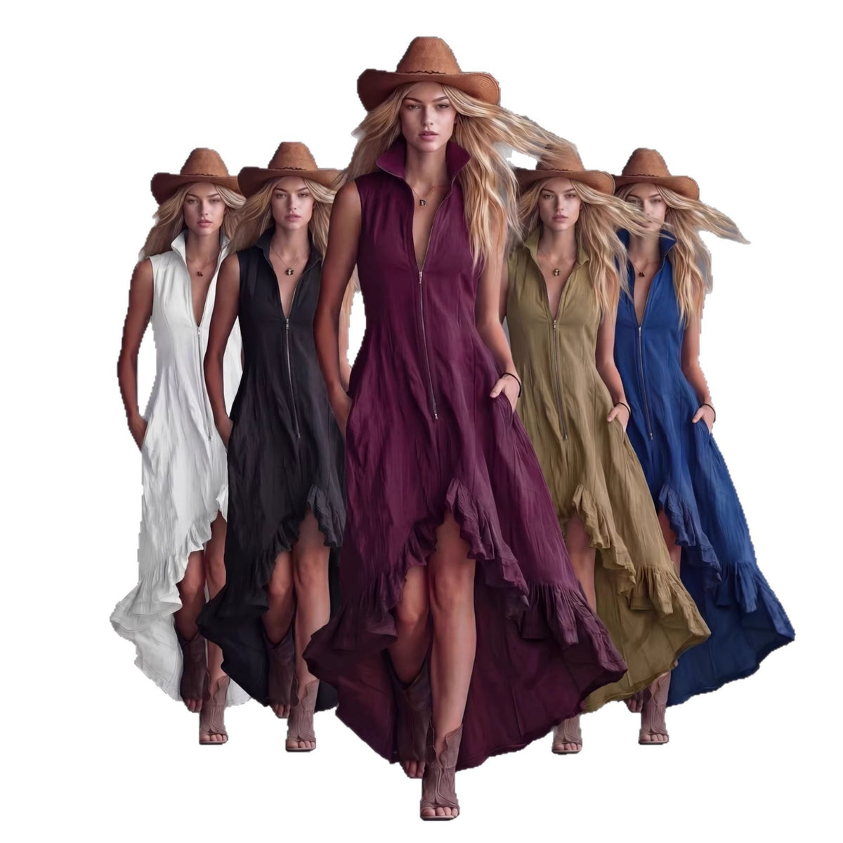 Vintage Casual Turn-Down Collar Front Zipper Ruffle Hem Dress for Women
