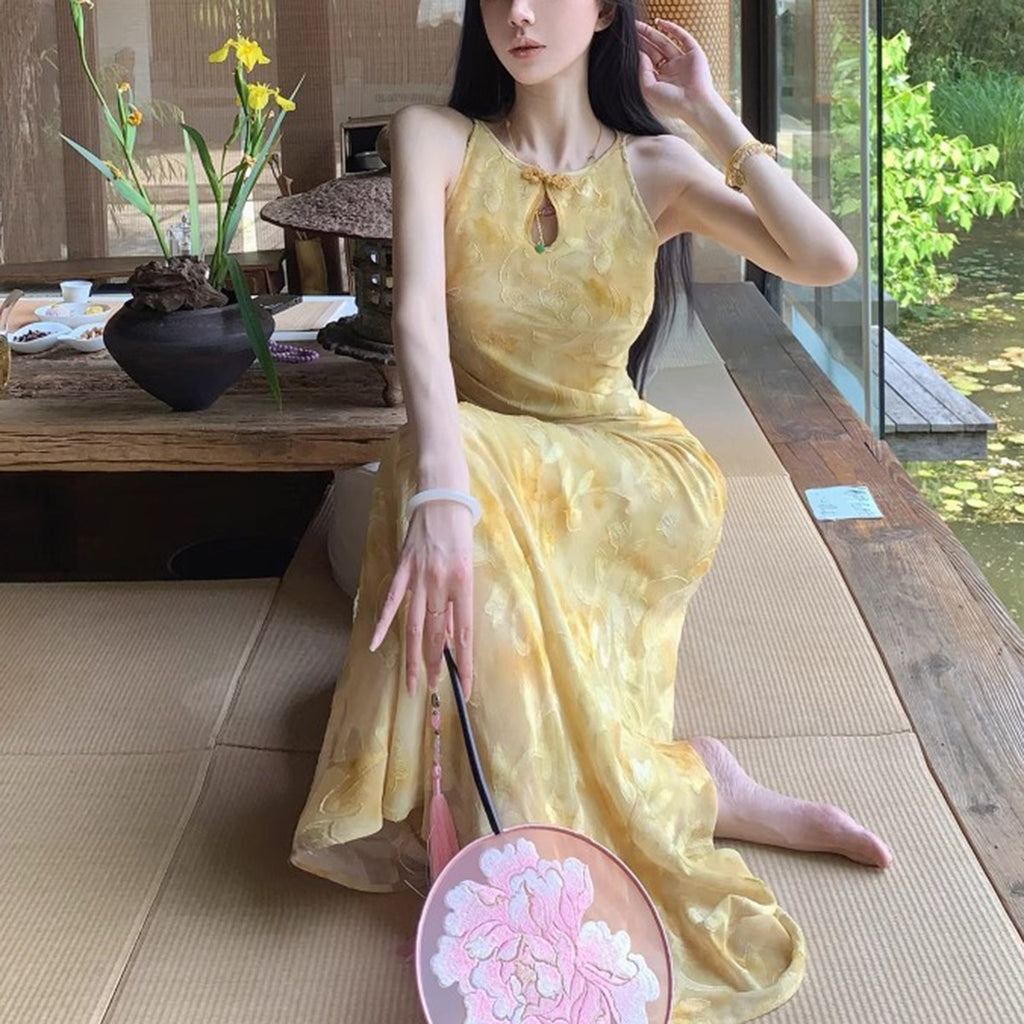 Cut-Out Shoulder Improved Cheongsam Mid-Length Dress
