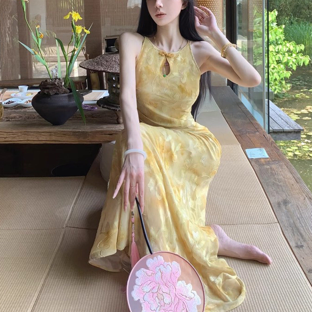 Cut-Out Shoulder Improved Cheongsam Mid-Length Dress