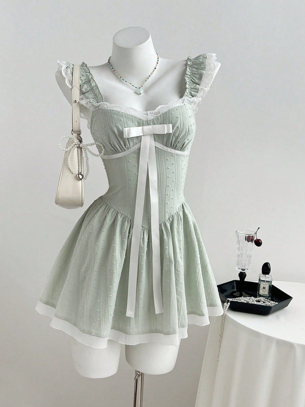 Lace lace bow women's suspender mini dress