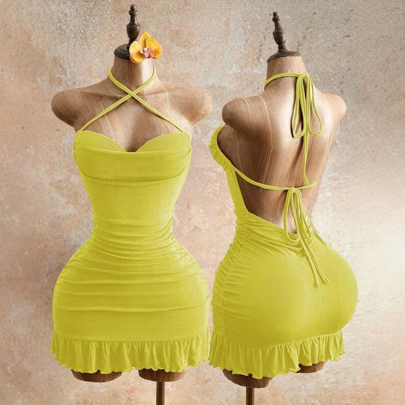 Pure and Seductive Shoulder Strap Dress with Pleated Waist,  Fitted Bodycon Mini Cocktail Dress