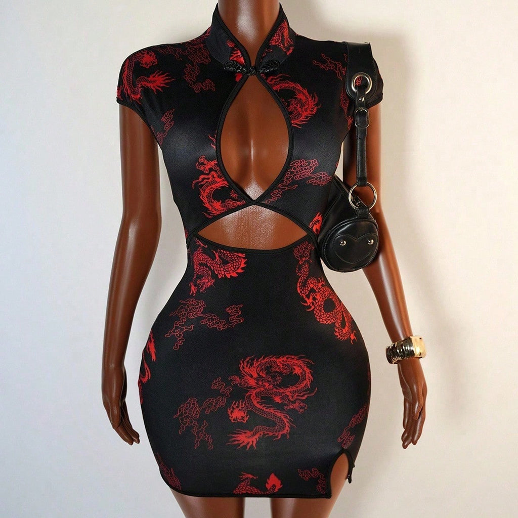 Printed short sleeved cheongsam dress