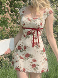 Floral Print Sleeveless Bow Decoration Square Neckline A-Line Mini Dress for Women