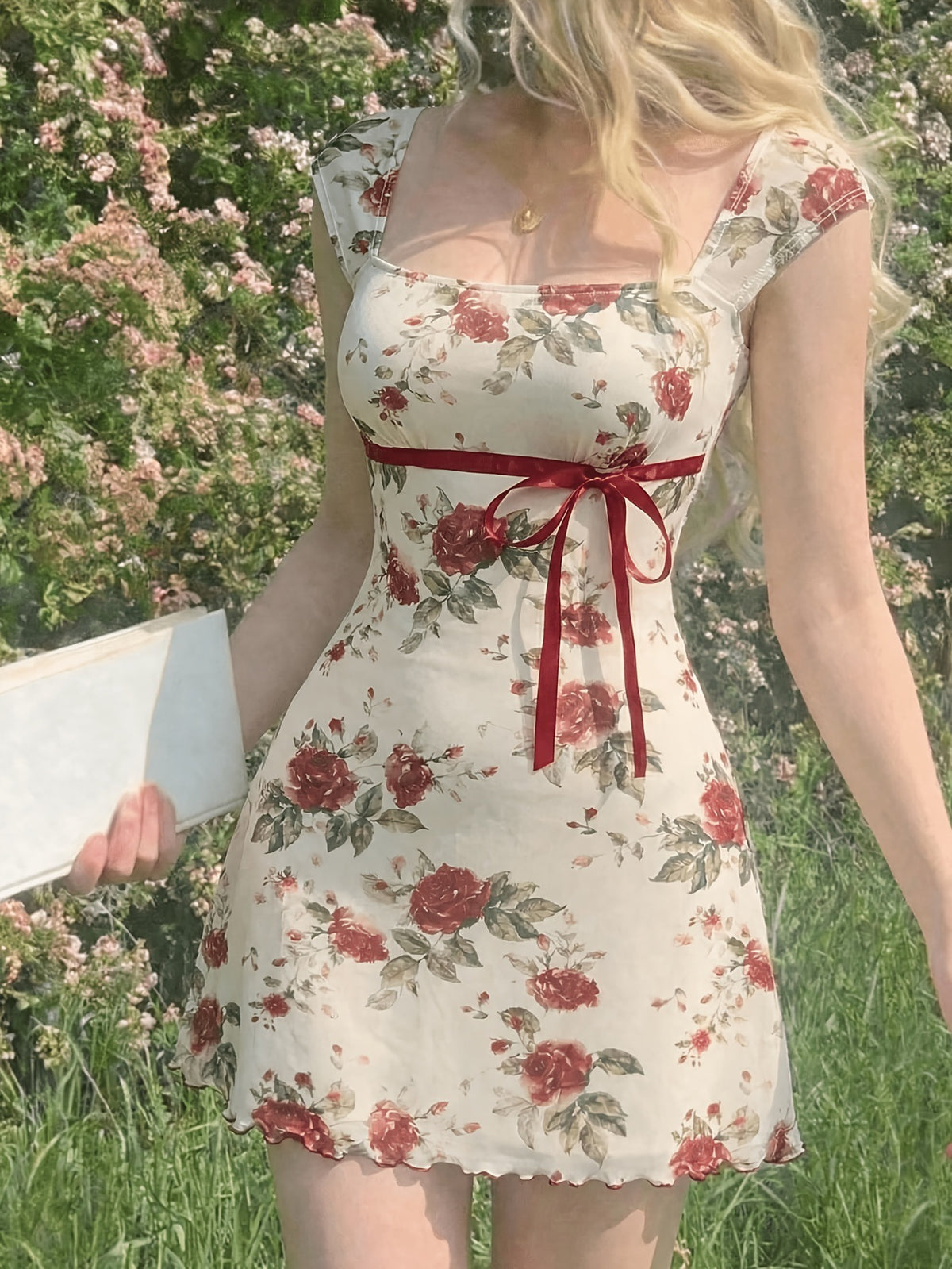 Floral Print Sleeveless Bow Decoration Square Neckline A-Line Mini Dress for Women