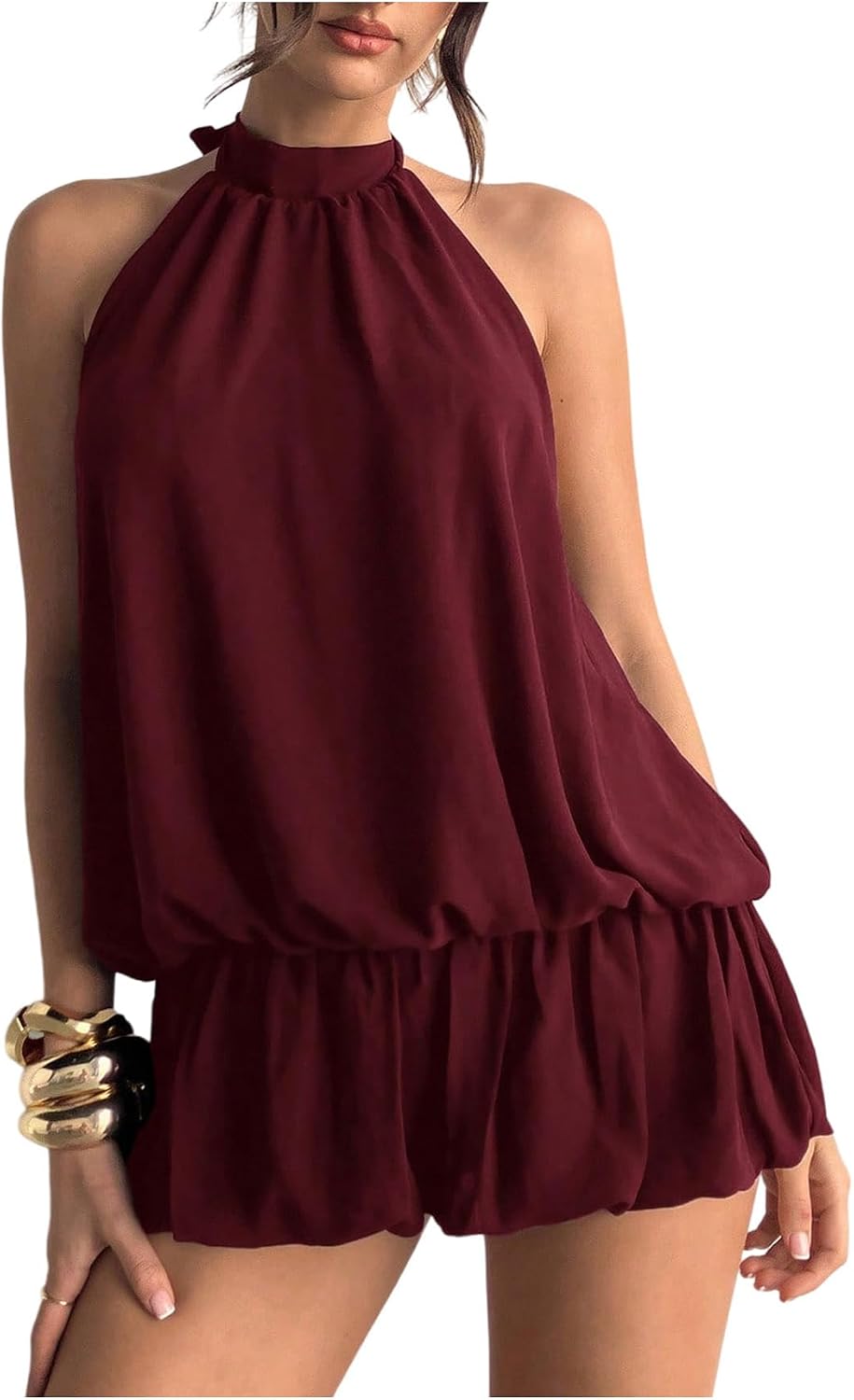 Floerns Women Backless Sleeveless Ruffle Bubble Hem Mesh Halter Mini Dress