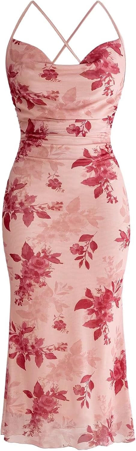 SOLY HUX Women's Floral Mesh Cami Dress Cocktail Wedding Guest Long Dresses