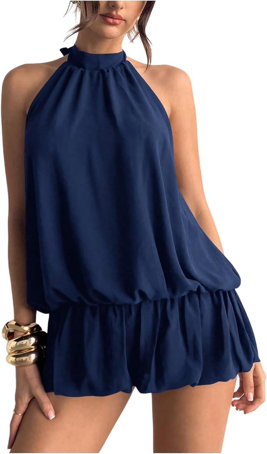 Floerns Women Backless Sleeveless Ruffle Bubble Hem Mesh Halter Mini Dress