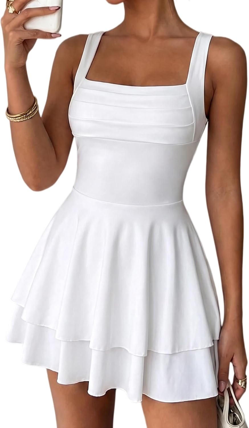 Avidlove Women's Square Neck Ruched Bust Dress Sleeveless A Line Mini Dress