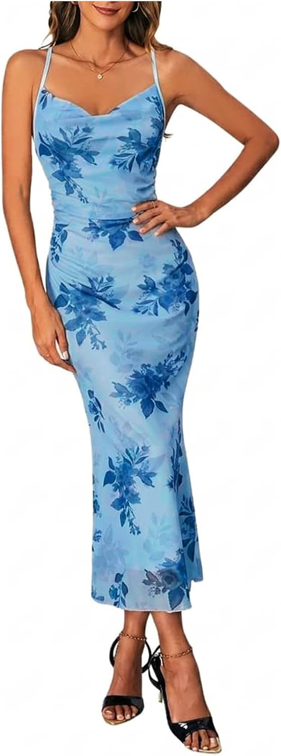 SOLY HUX Women's Floral Mesh Cami Dress Cocktail Wedding Guest Long Dresses