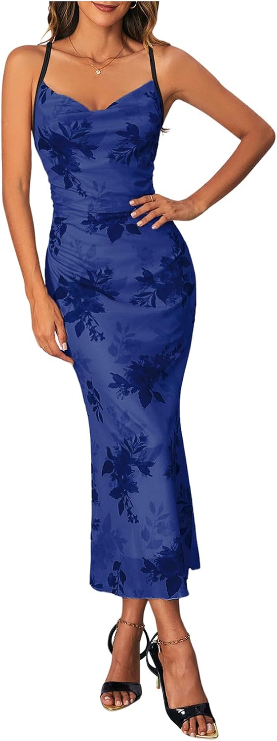 SOLY HUX Women's Floral Mesh Cami Dress Cocktail Wedding Guest Long Dresses