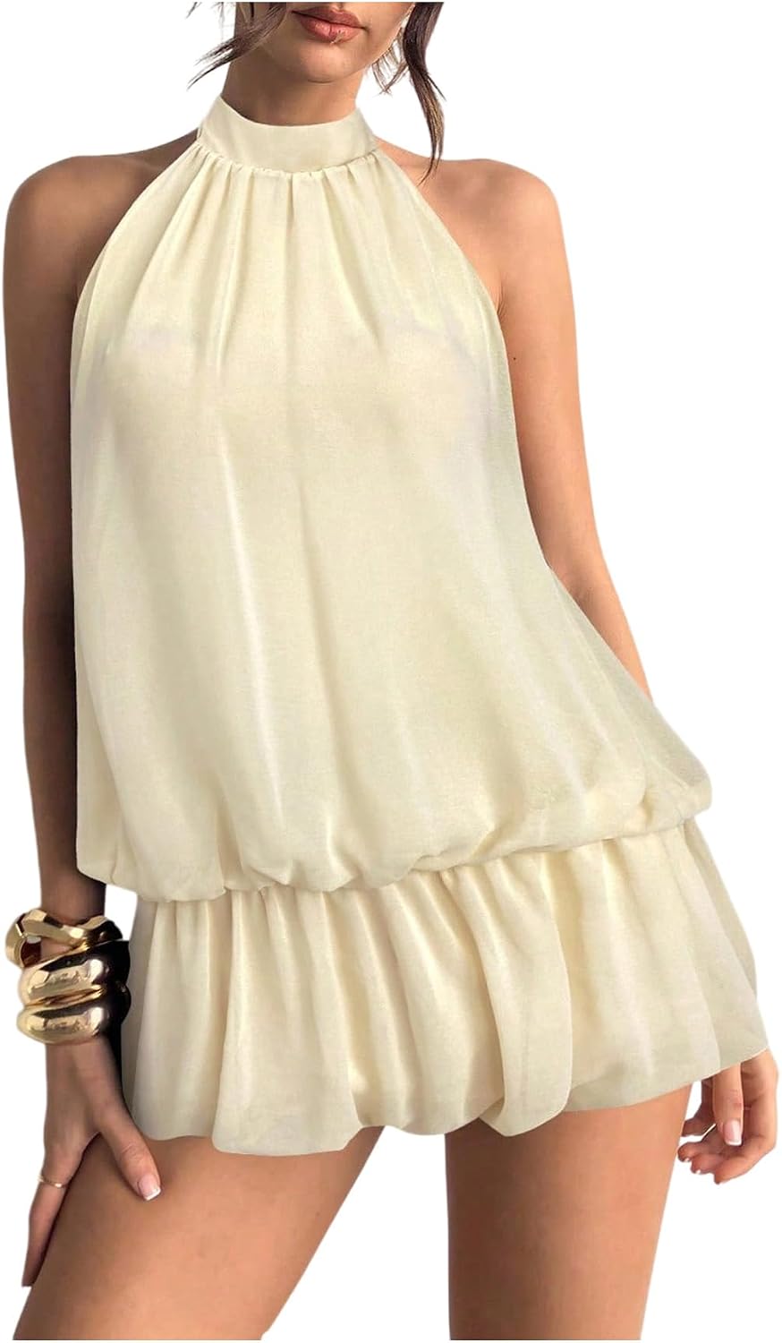 Floerns Women Backless Sleeveless Ruffle Bubble Hem Mesh Halter Mini Dress